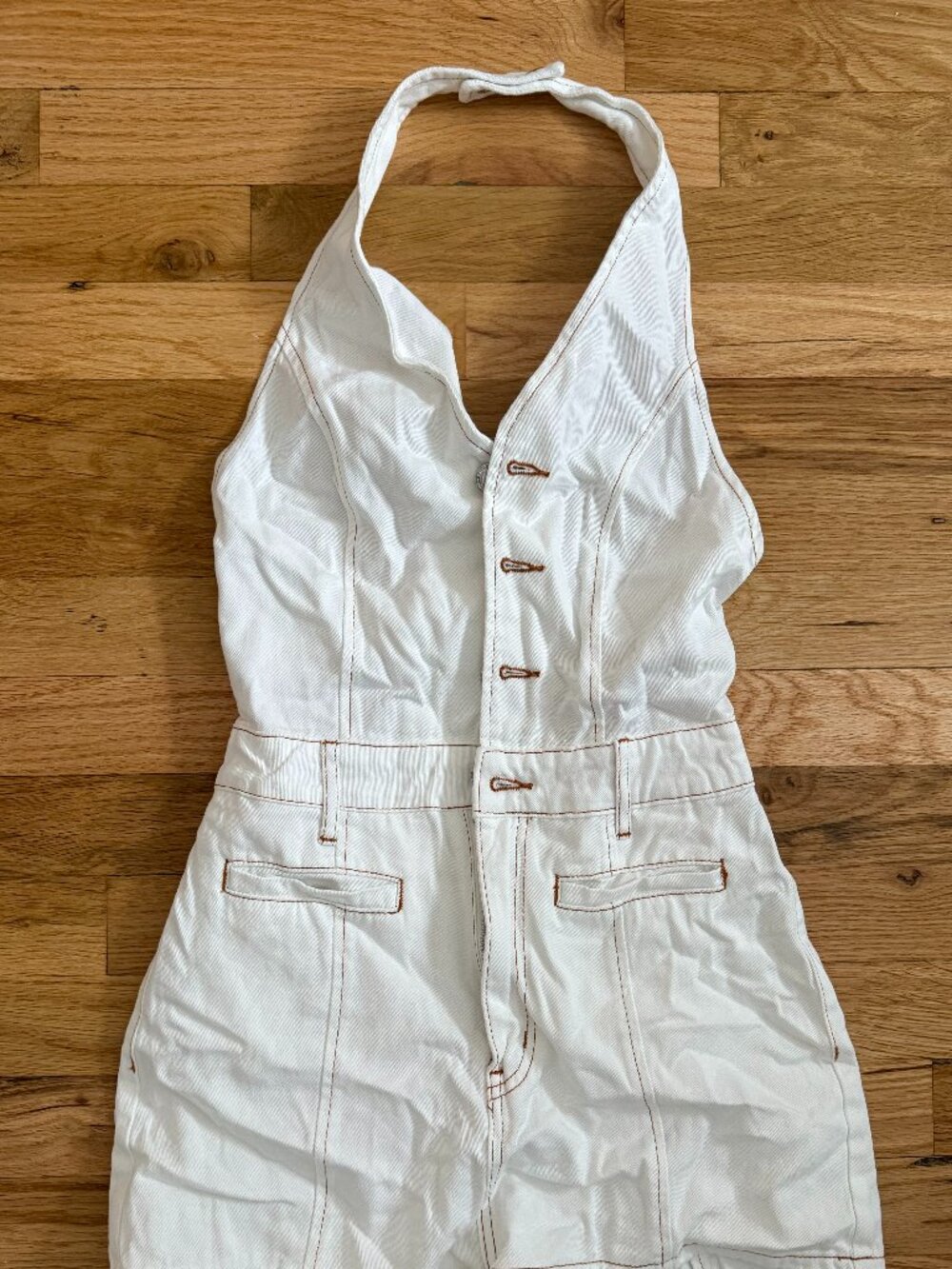 White Denim Halter Romper Shorts w/ Contrast Stitching – Size M